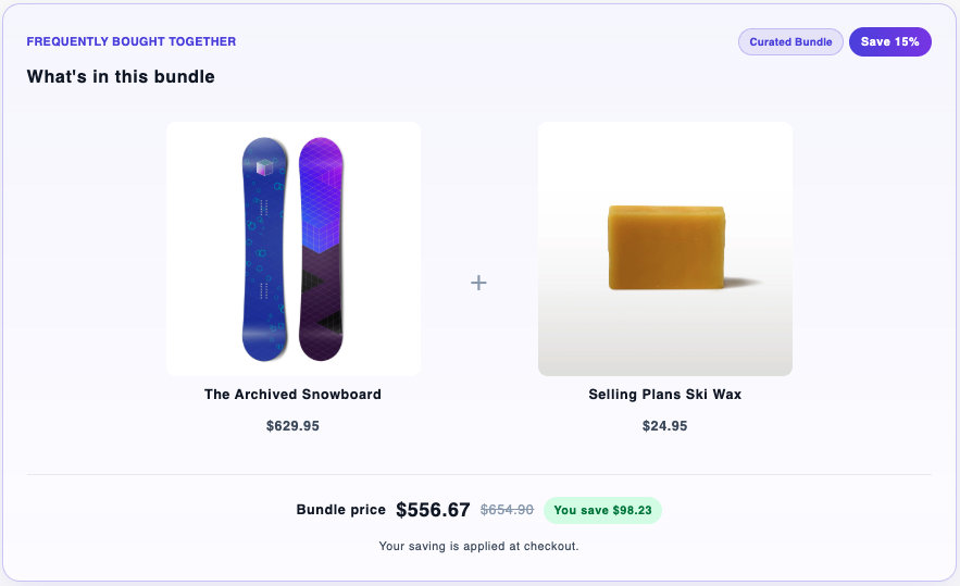 Storefront bundle widget showing a snowboard and ski wax offered together at a bundle price of $556.67, with a $98.23 saving applied at checkout.