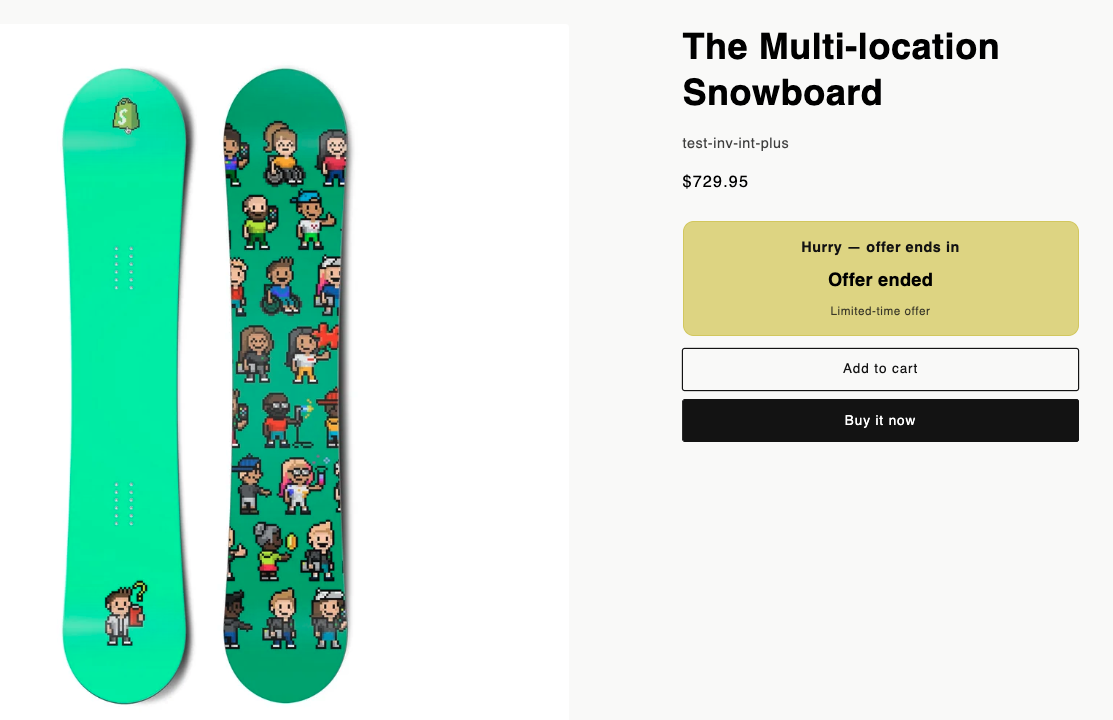 Storefront product page showing a limited-time offer countdown panel above the add to cart and buy it now buttons.