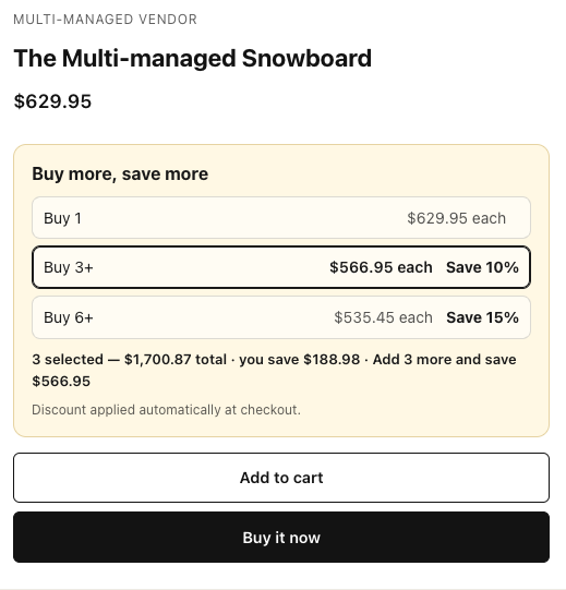 Storefront quantity break widget offering 10 percent off at three units and 15 percent off at six units, with the running total and saving shown.