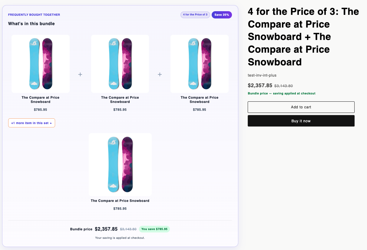 Storefront bundle widget badged 4 for the price of 3, showing four units of the same snowboard at $785.95 each, with a bundle price of $2,357.85 against $3,143.80 and a $785.95 saving applied at checkout.