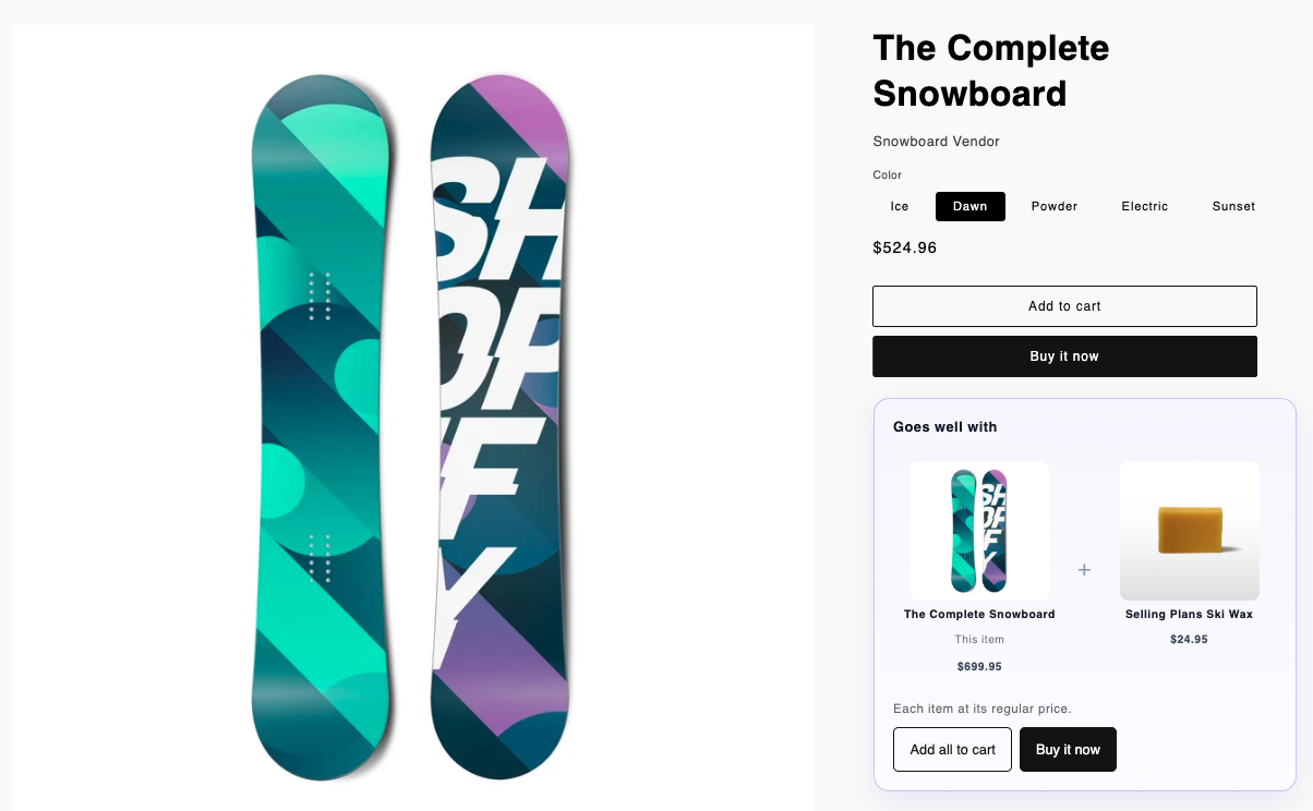 Shopify storefront product page for The Complete Snowboard in the Dawn colour, priced at $524.96, with Add to cart and Buy it now buttons.