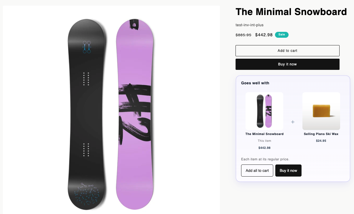 Shopify storefront product page for The Minimal Snowboard, showing the regular price of $885.95 struck through, the sale price of $442.98 and a Sale badge, with Add to cart and Buy it now buttons.